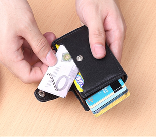 男女铝制自动卡包RFID防消磁防盗刷卡包钱包一体包油蜡真牛皮 时尚