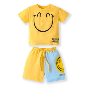 子2件 宝宝纯棉夏装 儿童黄色半袖 休闲短裤 T恤套装 男童阳光笑脸短袖
