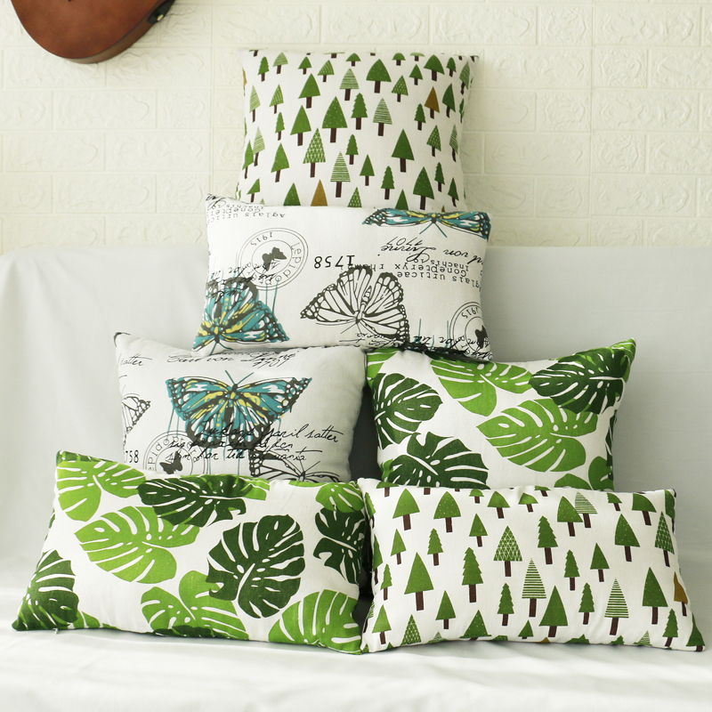 棉麻抱枕套长方形绿色叶子清新简约家用沙发大抱枕组合靠背可定做