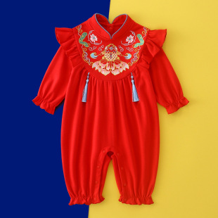 婴儿满月衣服喜庆红色连体衣春季 一周岁礼服女宝宝抓周百岁宴唐装