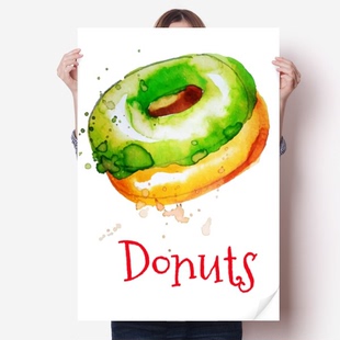 饰 水彩画手绘绿色甜甜圈图案设计海报贴纸80x55墙贴纸卧室家居装