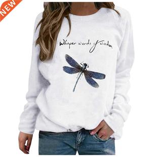 neck Letter Dragonfly Sweatshirt Lon Oversized Print Women