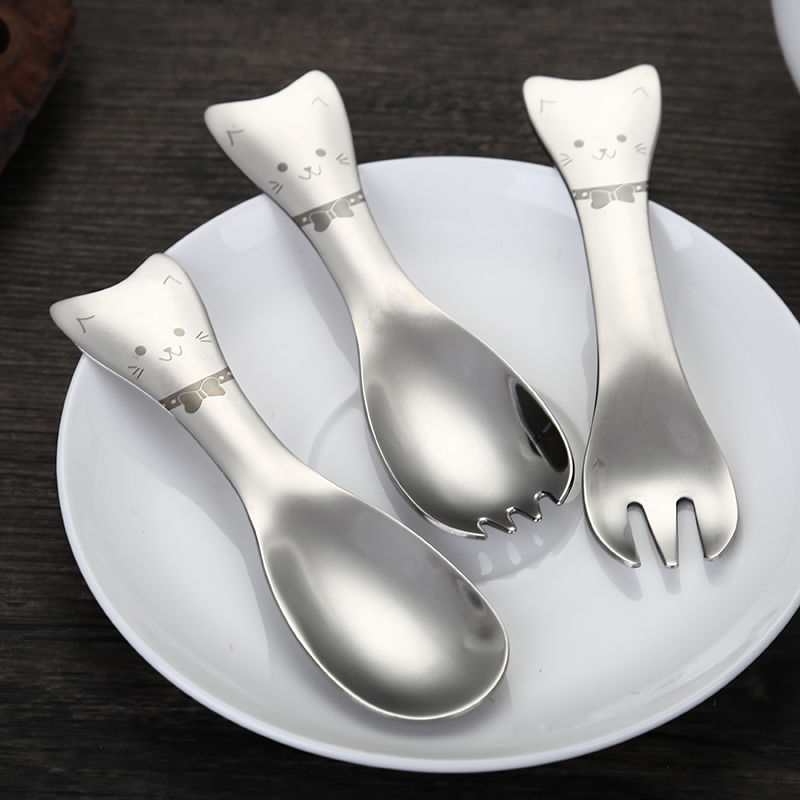 创意304不锈钢卡通猫头勺子叉子甜品雪糕勺叉勺一体儿童餐具汤匙