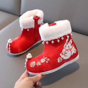 女童加绒汉服靴子冬中国风拜年鞋 子儿童复古新年绣花鞋 鞋 旗袍古装