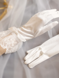 复古 新娘结婚手套婚纱礼服配饰蕾丝珍珠舞台演出白色缎面赫本法式