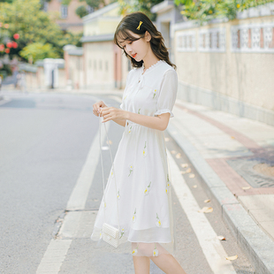 夏天女2023新款 法式 雪纺白色连衣裙夏季 初恋气质小个子仙女裙 短袖