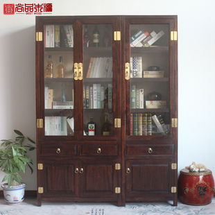 组合书架香樟木现代书房简约展示柜置物架实木书柜带玻璃门 新中式