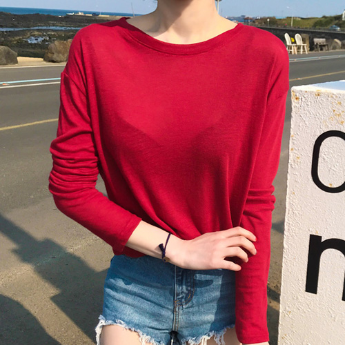 2024韩国东大门秋新款 女装 T恤宽松显瘦打底衫 轻薄舒适糖果红长袖