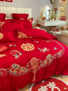 纯棉结婚四件套红色百子图刺绣被套全棉婚庆床上用品婚房 高档中式
