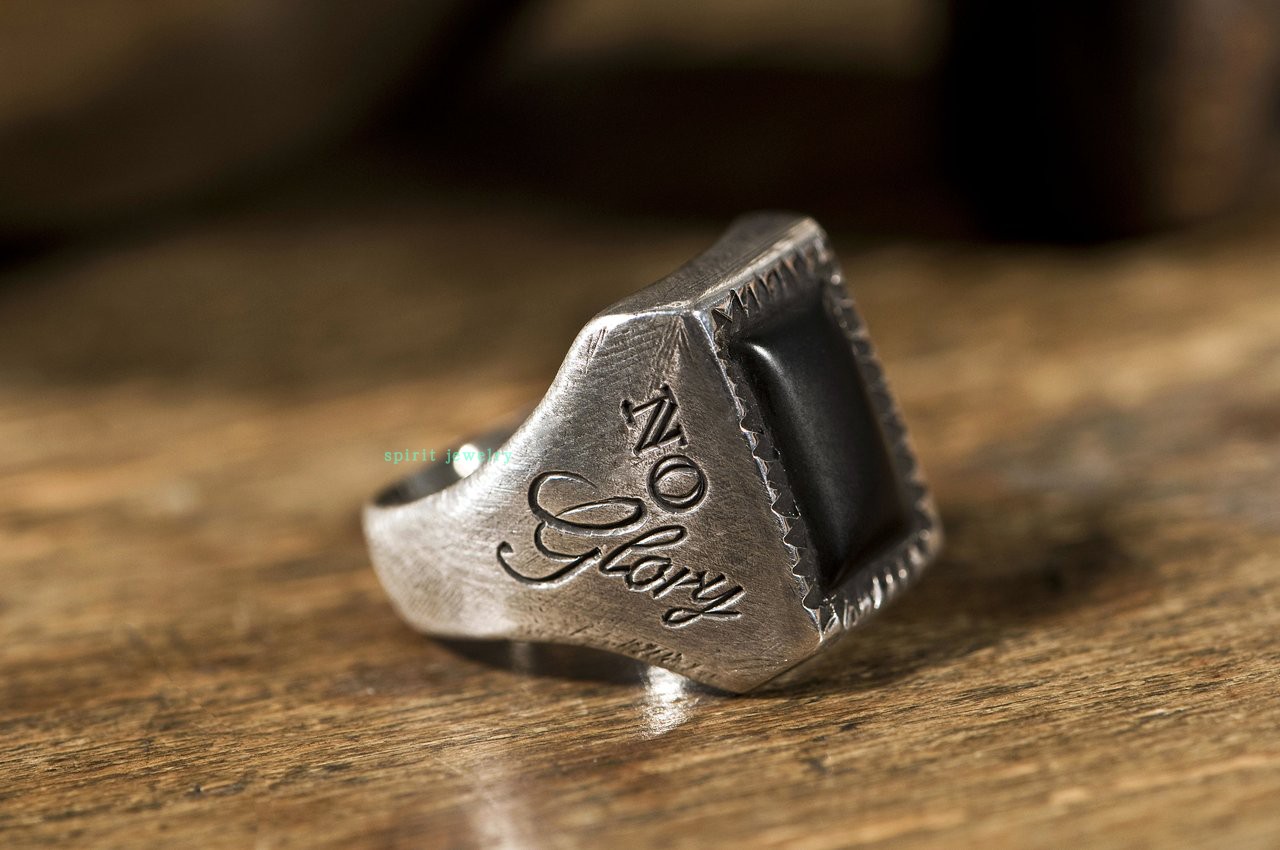 厚重宝石男士 银戒指黑玛瑙饰品长方形款 定制原创设计 做旧刻字个性