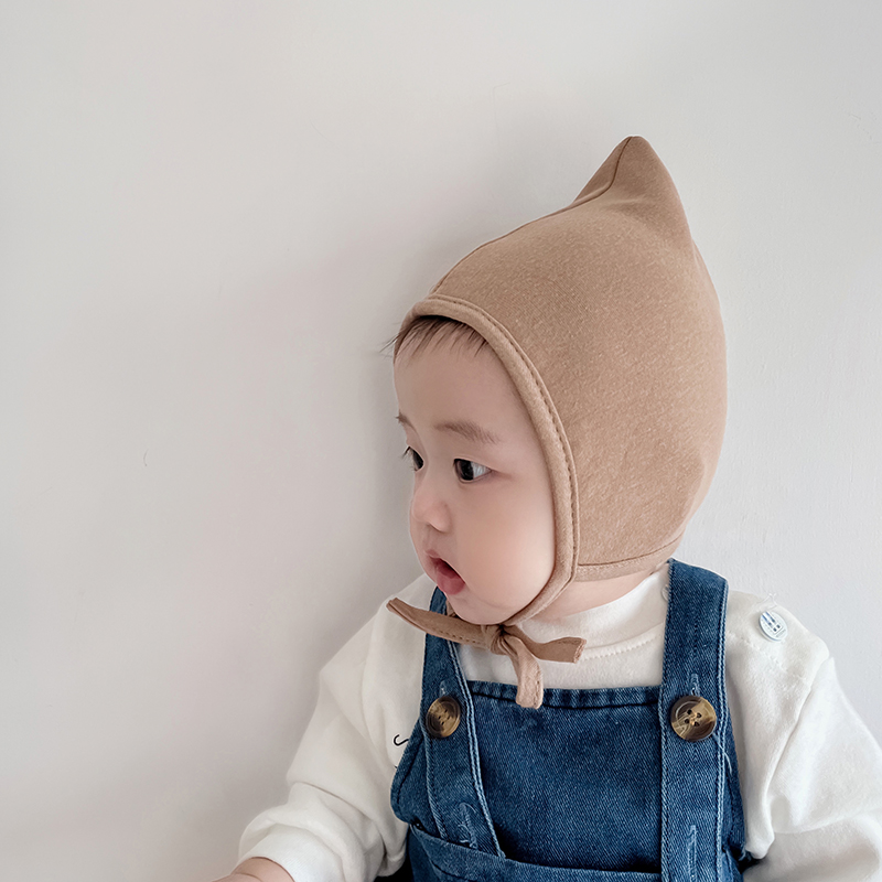 男女宝宝绑带护耳巫师帽套头帽 春秋薄款 ins风可爱纯色新生儿胎帽