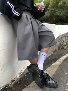Aurocean 复古日系学院少年感高品质纯色廓形过膝裤 短裤 灰色西装