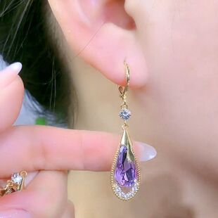 潮 气质耳饰2023年新款 高级感紫色水晶水滴形耳扣简约大气耳环时尚