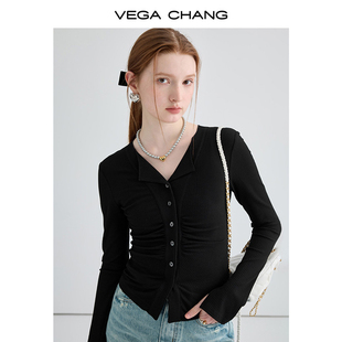 新款 VEGA 收腰显瘦V领法式 CHANG黑色针织衫 小众开衫 女2024年春季