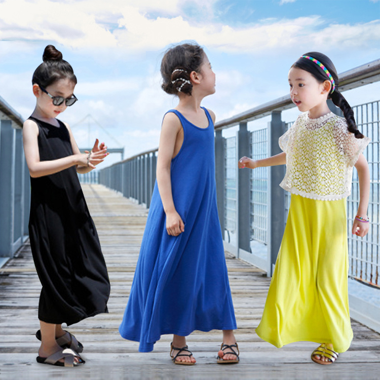 韩版 童装 纯棉公主中大童亲子海边度假沙滩儿童长裙 女童连衣裙夏装