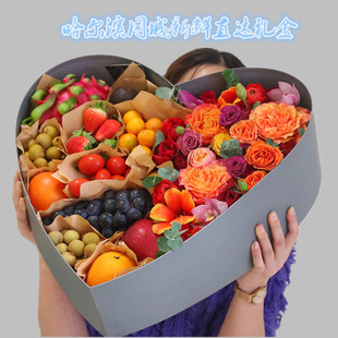 玫瑰花哈尔滨情人节送花 网红水果礼盒发光草莓车厘子花束鲜花新款