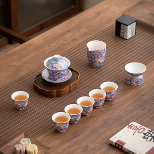 恬静珐琅彩新款 中式 家用轻奢高档泡茶具盖碗喝茶茶杯 功夫茶具套装
