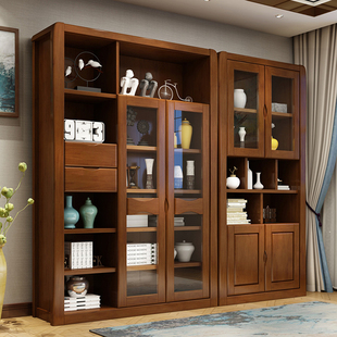 实木组合书柜书橱一体靠墙简约书架带玻璃门书房置物架落地 新中式