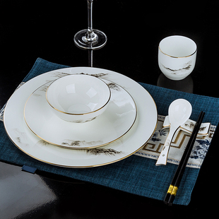 星级酒店摆台餐具四件套骨瓷碗碟盘勺配公筷会所中国风个人位餐具