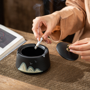 防飞灰烟味陶瓷烟缸 潮流客厅办公室简约新中式 烟灰缸创意家用个性