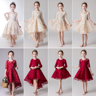 女孩花童婚纱钢琴演出服冬季 儿童礼服公主裙女童生日加厚红色长袖