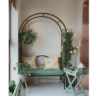 庭院拱门爬藤花架带靠背椅子户外休闲 阳台花园铁艺长椅双人椅