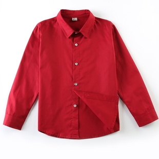 男童红衬衫 春秋季 学生纯棉校服演出服儿童长袖 衬衣酒红色 2024新款