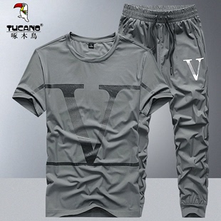 男夏季 啄木鸟新款 跑步运动服两件套 宽松t恤长裤 冰丝短袖 男士 套装