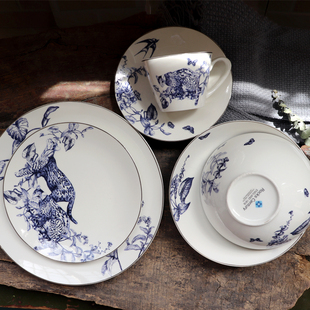 描银大小汤盘碗杯碟 外贸出口英国北欧风家居丛林系列陶瓷餐具套装