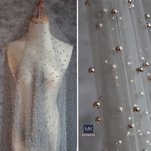 加密灰色银珠柔软细腻珍珠网美国网钉珠网纱婚纱礼服软网布料面料