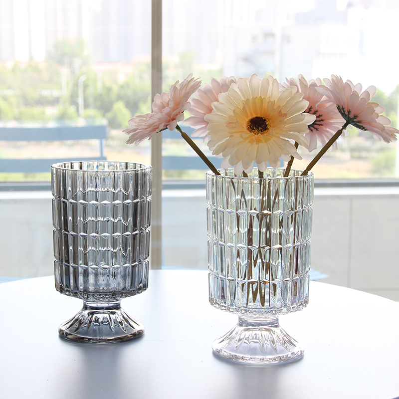 北欧玻璃花瓶透明 竖棱 饰摆件 创意客厅插花鲜花玫瑰小皱菊花器装