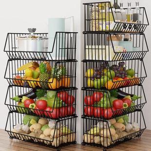 厨房蔬菜剩菜收纳架置物架多层落地可移动家用果蔬架子放菜水果筐