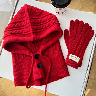 保暖帽子围巾 新年氛围感红色两件套针织帽手套女巴拉克拉法帽冬季