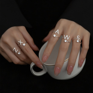 开口对戒 925纯银26个英文字母戒指女ins小众设计素圈食指指环新款