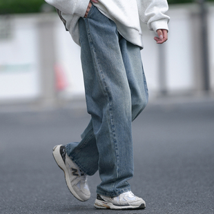A春季 男牛仔裤 子 380g重磅抽绳做旧水洗复古色百搭学生宽松直筒裤