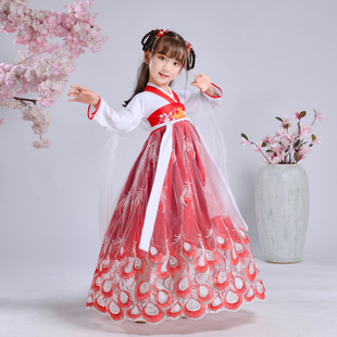 超仙飘逸襦裙女孩中国风红色古典舞蹈古筝演出服 儿童汉服女童古装