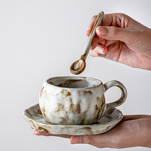 悠瓷 日式 手作粗陶咖啡杯家用下午茶陶瓷杯子拿铁咖啡杯碟勺套装