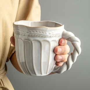 陶瓷杯创意咖啡杯喝水杯中古杯子 设计感浮雕马克杯家用个性 悠瓷