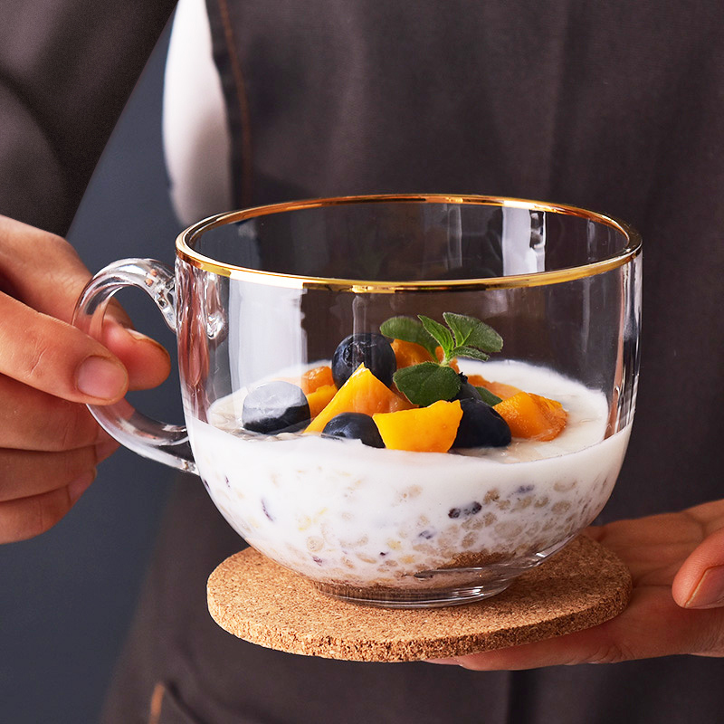 金边玻璃早餐杯家用燕麦杯大容量牛奶杯带把带盖勺喝水杯 透明日式