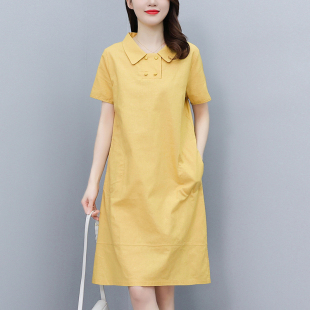 纯棉文艺黄色连衣裙女2024夏季 新款 裙子 设计感口袋宽松显瘦中长款