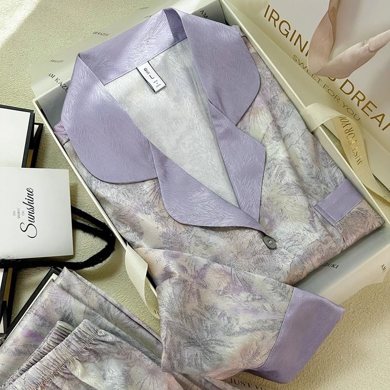 性感韩版 新款 可外穿 可爱夏季 紫色睡衣女春秋冰丝长袖 两件套装 薄款