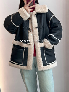 儿童成人皮草外套全羊毛大衣牛角扣皮毛一体 韩系亲子装 2023冬季