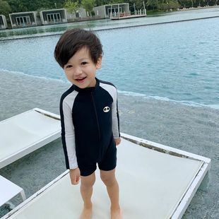 防晒速干连体温泉男宝宝婴儿帅气中小童泳衣 韩国儿童泳衣男童长袖