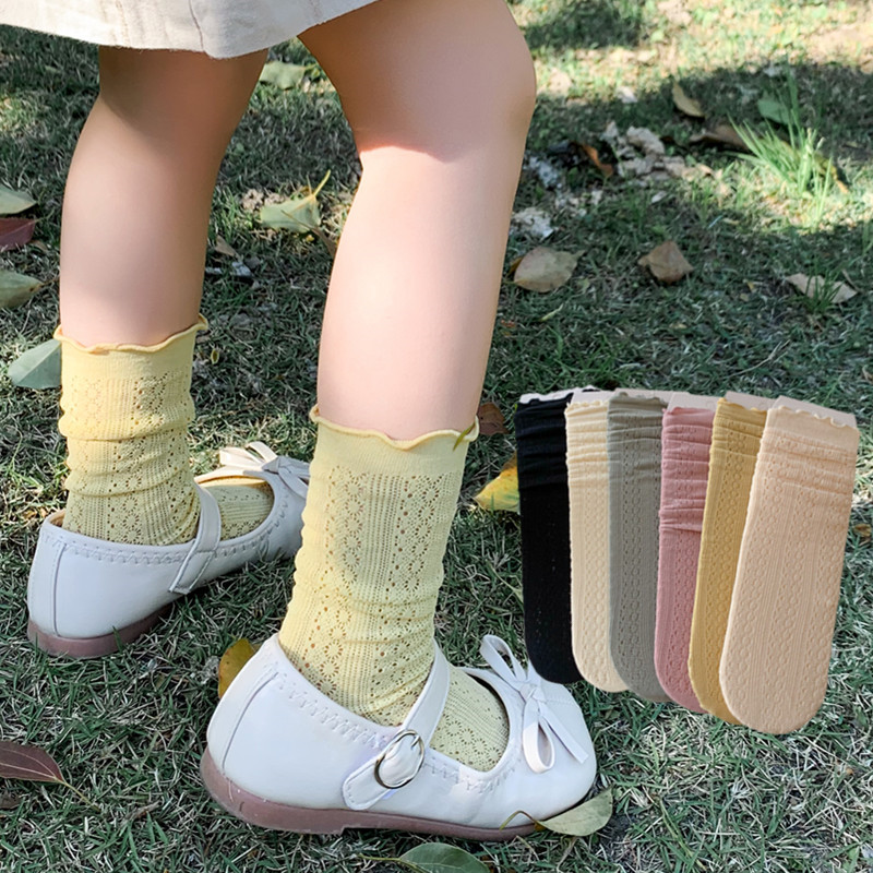 洋气堆堆袜女宝宝纯色中筒袜镂空网眼花边袜 薄款 儿童袜子女童夏季