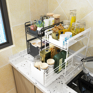 台面调料油盐酱醋收纳架橱柜可抽拉整理架 厨房下水槽置物架落地式