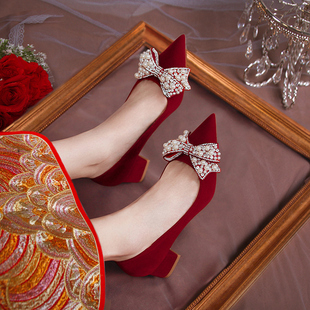 婚纱秀禾单鞋 红色粗跟高跟鞋 尖头法式 女2023新款 新娘鞋 婚鞋 敬酒鞋