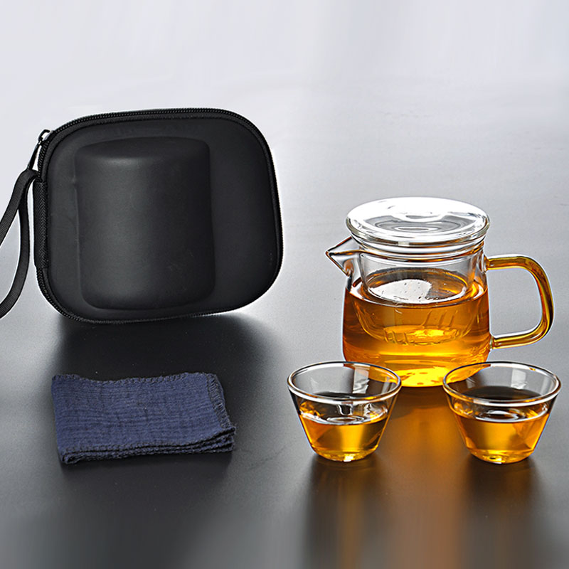 户外一壶二杯快客茶壶飘逸小泡茶杯 车载便携包式 玻璃旅行茶具套装