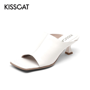 KISSCAT 接吻猫夏季 方头露趾牛皮一脚蹬高跟一字拖鞋 女KA21112