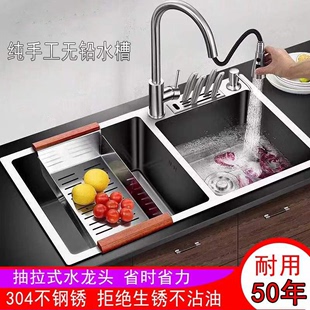 厨房加厚304不锈钢手工拉丝水槽双槽洗碗池带刀架台上下洗菜盆套