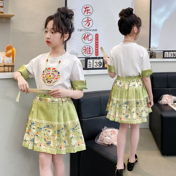女童套装 中大童12岁女孩短袖 洋气国风8新中式 T恤马面裙两件套 夏装